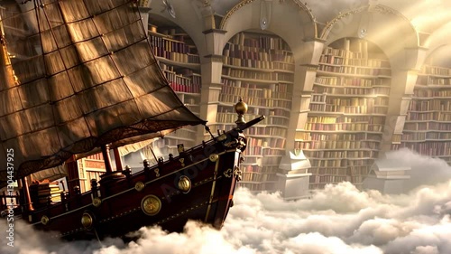 Floating Library Ship Navigates Through Clouds and Enchanted Bookshelves in Fantasy Realm