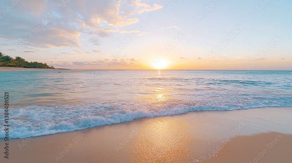 Obraz premium Breathtaking sunrise over tranquil ocean waves and sandy beach, serene start to the day.