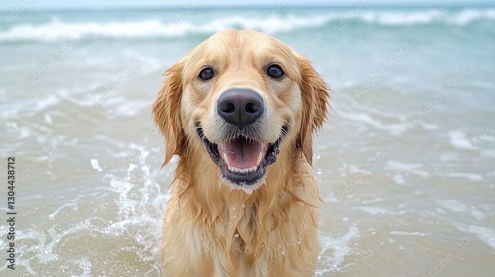 A joyful golden retriever playing in the ocean waves at the beach. A joyful golden retriever playing in the ocean waves at the beach.