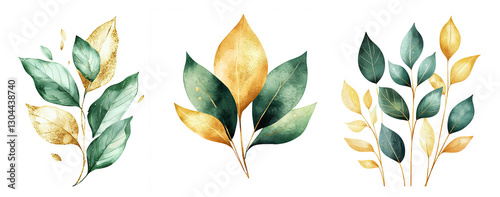 Elegant Gold and Green Watercolor Leaves Design for Autumn Projects