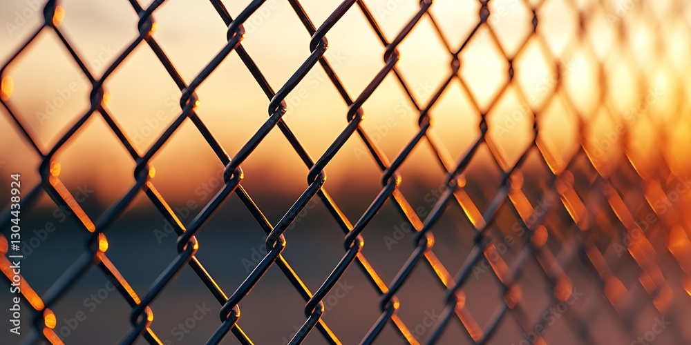 Fototapeta premium A detailed close-up of a chain-link fence glowing in the warm light of sunset, showcasing intricate patterns and textures.