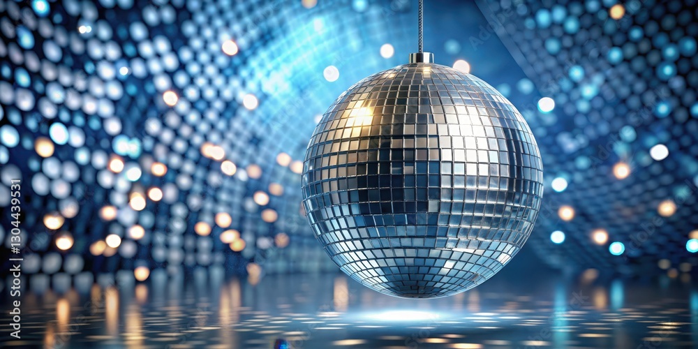 Obraz premium Glittering disco ball suspended above a sleek, metallic mirror surface , ornate, party, ornate