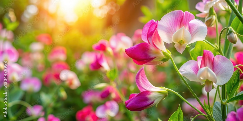 A vibrant sweet pea blossom fills a sunny garden with its bright pink and white petals , Spring Florals A vibrant sweet pea blossom fills a sunny garden with its bright pink and white petals , Spring Florals