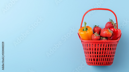 Fresh Harvest Basket: A vibrant red basket overflowing with an assortment of fresh, ripe strawberries and bell peppers, displayed against a smooth blue backdrop.
