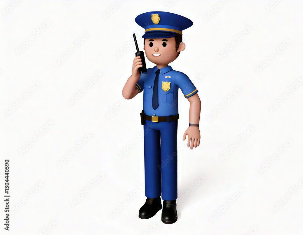 Fototapeta premium Friendly Cartoon Police Officer Communicating on Radio