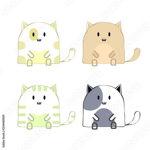 set of cats, 4 type of cats, green cat brown cat black cat yellow cat