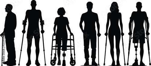 Silhouette of six figures with mobility aids, including a cane, walker, and crutches or prosthetic limb, full body view, black on white