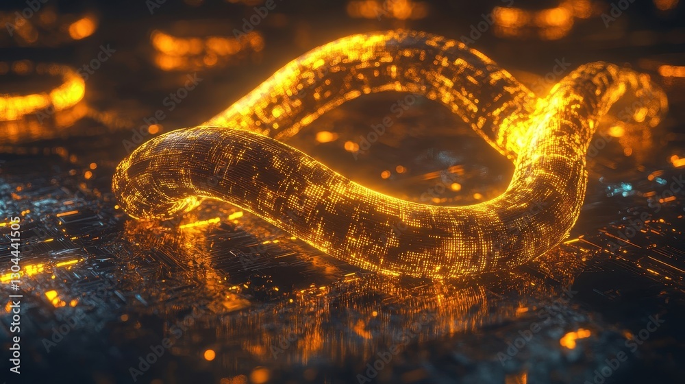A golden infinity loop rotating with digital energy flowing like liquid gold along it A golden infinity loop rotating with digital energy flowing like liquid gold along it