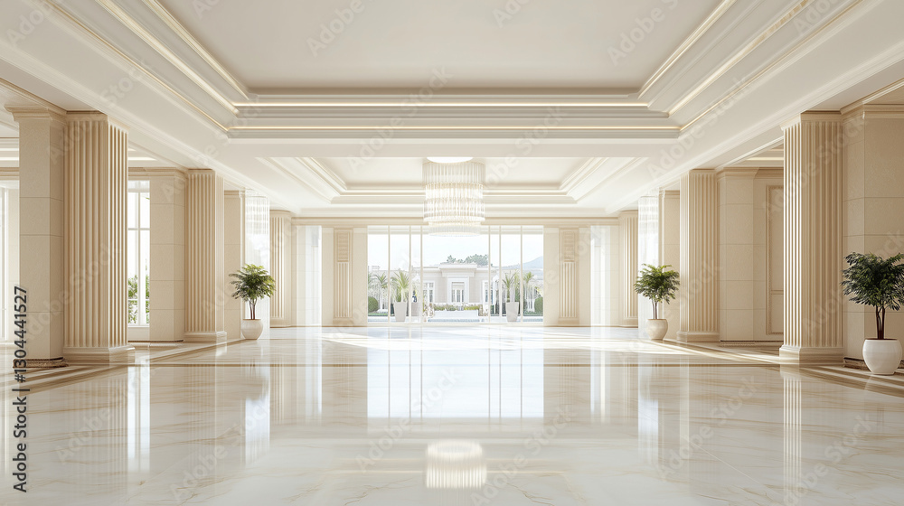 Fototapeta premium Elegant Grand Hallway: A palatial hallway bathed in soft, natural light, showcasing exquisite architectural details, marble flooring, and symmetrical design, perfect for luxury, events, and grandeur.