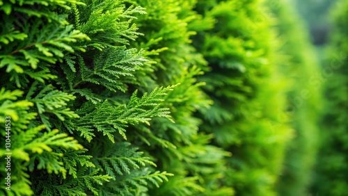 Closeup of fresh green branches from a dense hedge of thuja trees with intricate foliage and subtle texture , foliage, botanical photography