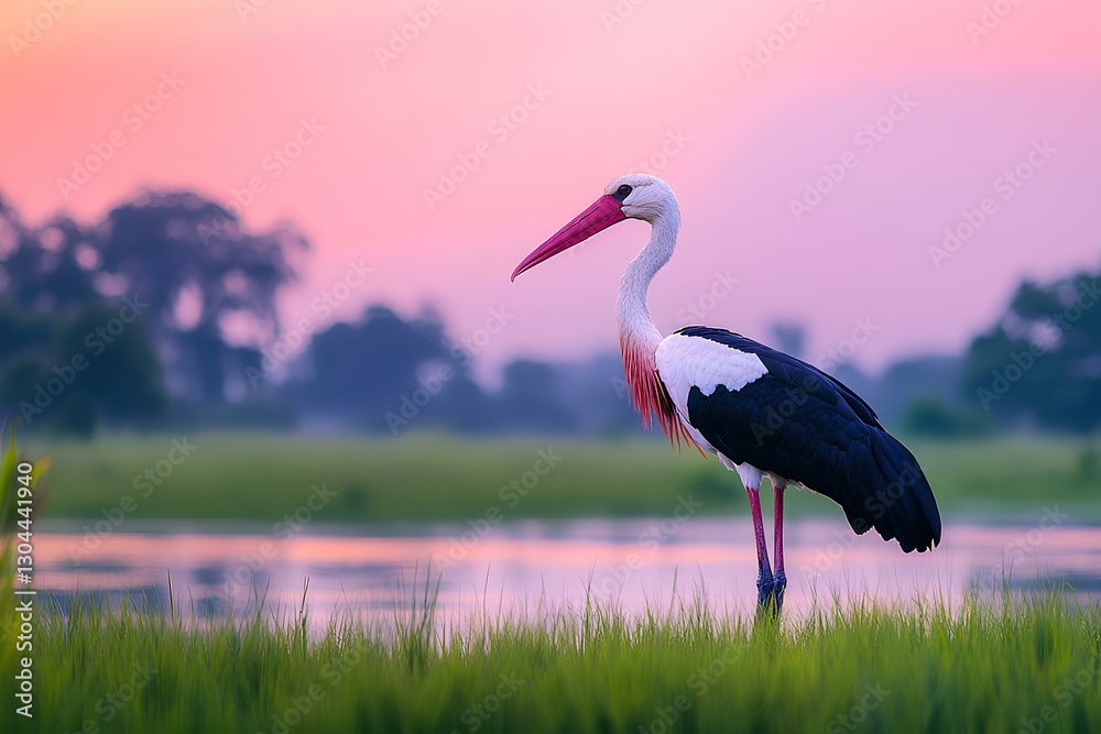 Fototapeta premium A marabou stork standing solemnly in a grassy wetland, with its distinctive silhouette against the evening sky 