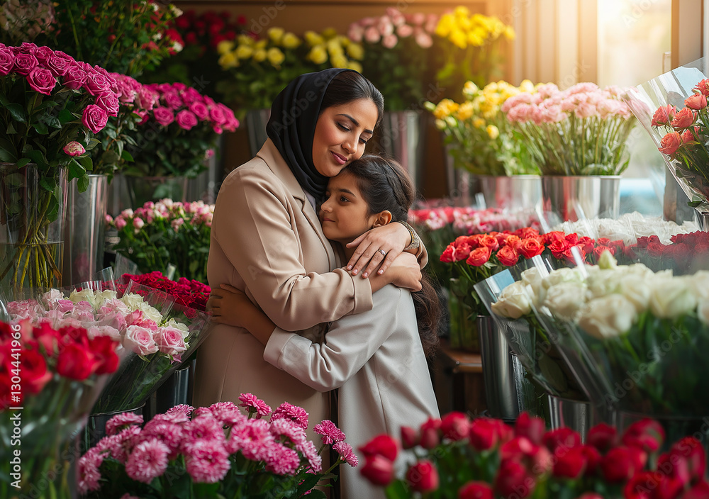 Mother and child share tender moment in flower shop, Middle Eastern family embrace among colorful blooms, Represents family bonds, maternal love, and small business Mother and child share tender moment in flower shop, Middle Eastern family embrace among colorful blooms, Represents family bonds, maternal love, and small business