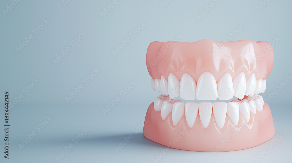 Obraz premium Healthy Smile: Close-up studio shot of a set of dentures against a pastel background, symbolizing dental health and artificial teeth.
