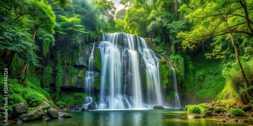 waterfall cascading gracefully in the midst of a lush forest with tall trees and green foliage surrounding it, nature, fairy forest