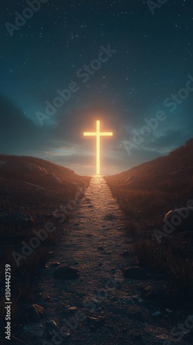 A pathway leading to a glowing cross with Jesus at the center, symbolic and serene atmosphere