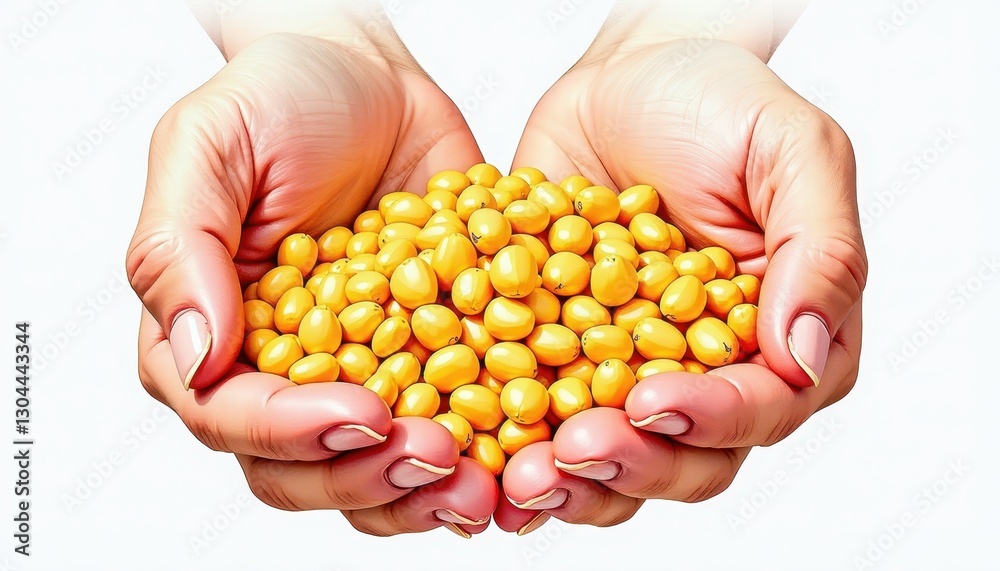 Golden Harvest: A CloseUp of Yellow Corn in Hands Against White Background. A woman's hands holding a handful of yellow corn. Golden Harvest: A CloseUp of Yellow Corn in Hands Against White Background. A woman's hands holding a handful of yellow corn.