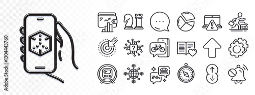 Mute sound, Travel compass and Pie chart line icons for web app. Glare of light effect. Message icon. Pack of Chess, Targeting, Logistics network pictogram icons. Vector