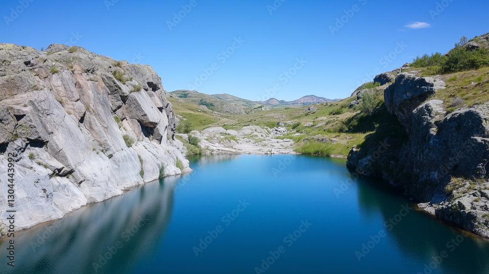 Serene Mountain Lake: An expansive mountain lake nestled amidst towering rock formations, its crystal-clear waters reflecting the azure sky and creating a breathtakingly tranquil scene. Serene Mountain Lake: An expansive mountain lake nestled amidst towering rock formations, its crystal-clear waters reflecting the azure sky and creating a breathtakingly tranquil scene.