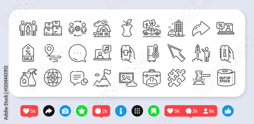 Support, Partnership and Organic waste line icons pack. Social media: share, comment, like icons. Refrigerator, Music, Place web icon. Pickup, Mountain flag, Puzzle pictogram. Vector