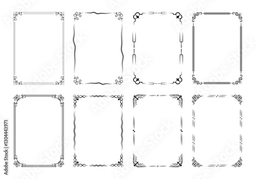 Decorative black frames. Retro calligraphic ornamental frame, vintage black and white rectangle ornaments and ornate border. Decorative wedding frames, antique museum isolated image borders.