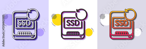 Recovery ssd line icon. Halftone dotted pattern. Gradient icon with grain shadow. Backup data sign. Restore information symbol. Line recovery ssd icon. Various designs. Vector