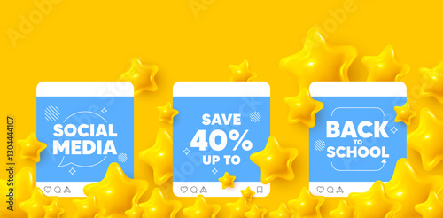 Discount social media post. Back to school template. Save up to 40 percent. Discount Sale offer price sign. Special offer symbol. Like, comment and share icons. Vector