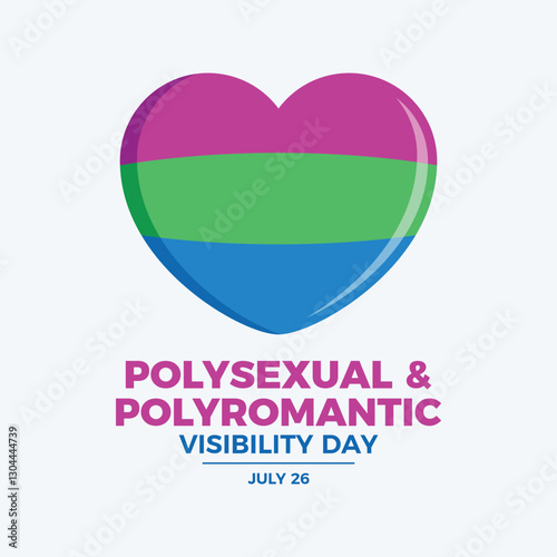 Polysexual and Polyromantic Visibility Day poster vector illustration. Polysexual pride flag in heart shape icon on a purple background. LGBT polysexual flag love symbol. Template for background, card