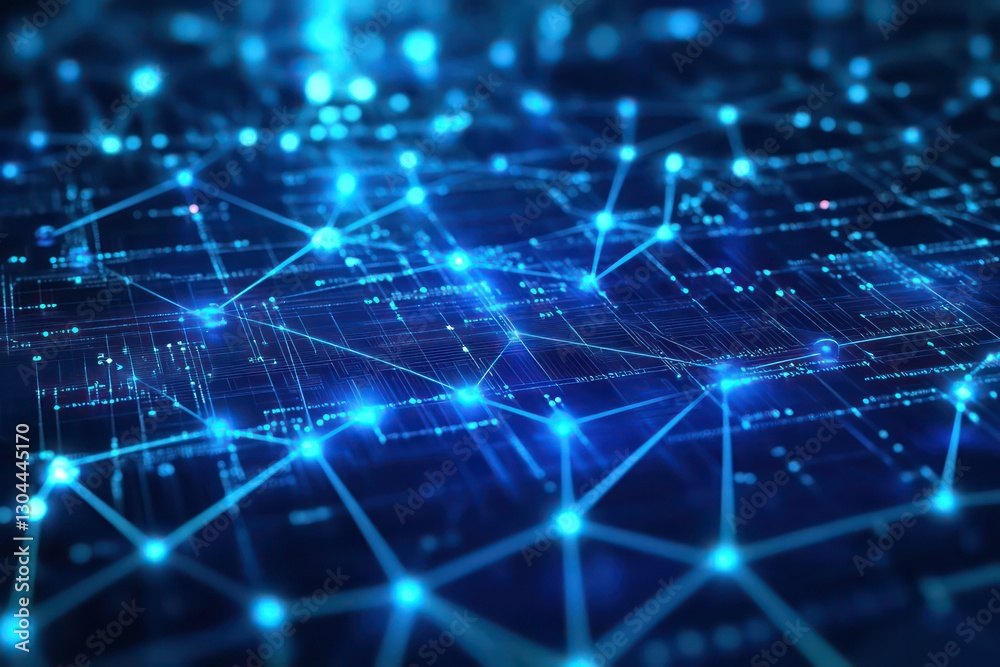 A blue-themed visualization of data exchange through digital technology, with glowing nodes and lines representing computer network communication. A blue-themed visualization of data exchange through digital technology, with glowing nodes and lines representing computer network communication.