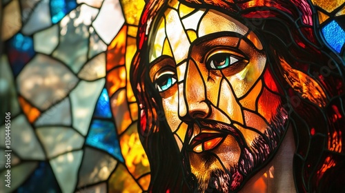 A stained glass depiction of Jesus with vibrant colors, soft natural light, symbolizing spirituality