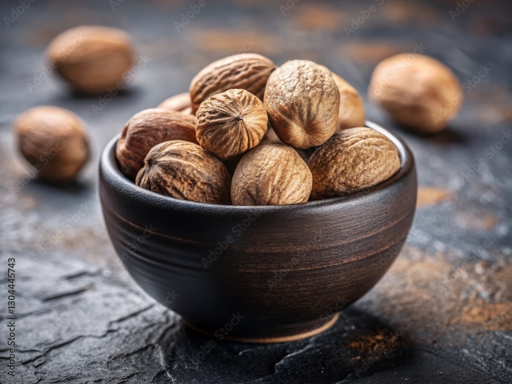Aromatic Dried Nutmeg Whole Spices in Small Black Bowl, Copy Space Aromatic Dried Nutmeg Whole Spices in Small Black Bowl, Copy Space