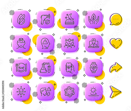Fair trade, Telemedicine and Coronavirus line icons. App 3d buttons. Social media comment, share, like icons. Pack of Health app, Mental health, Mattress icon. Vector