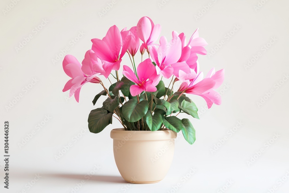 A bright and detailed 3D rendering of a pink cyclamen flower in a ceramic flower pot, isolated on a clean white background.