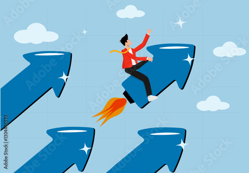 Investment growth breaks through profit gains, boosts investment market growth, businessmen ride the arrow of growth concept or boost companies with rocket boosters