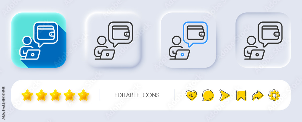 Wallet line icon. Neumorphic, Flat shadow, 3d buttons. Money online purse sign. Cash budget symbol. Line wallet icon. Social media icons. Vector Wallet line icon. Neumorphic, Flat shadow, 3d buttons. Money online purse sign. Cash budget symbol. Line wallet icon. Social media icons. Vector