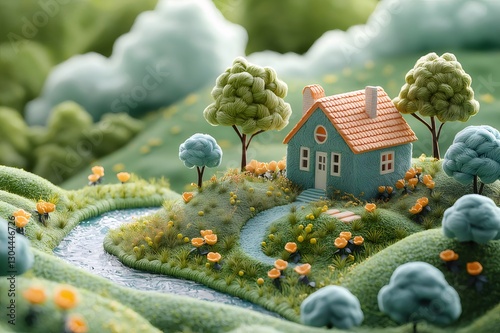 Miniature house, idyllic spring scene,  river, hills, dream home concept