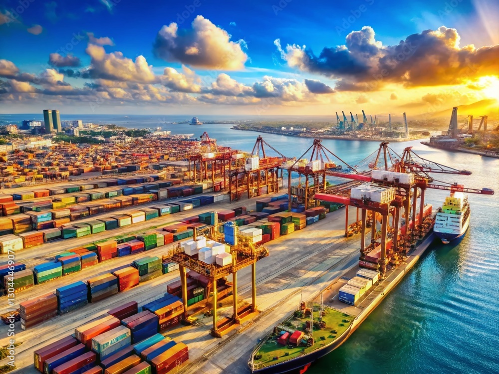 Obraz premium Ashdod Port Israel: Sunlit Container Ships & Cranes - High-Resolution Stock Photo