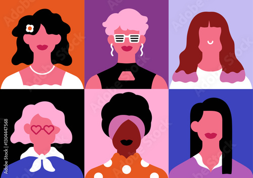 Women, face avatars set. Diverse faceless female portraits with different modern hairstyles, accessories, glasses, piercing. Trendy fashion creative girl heads, grid. Flat vector illustration