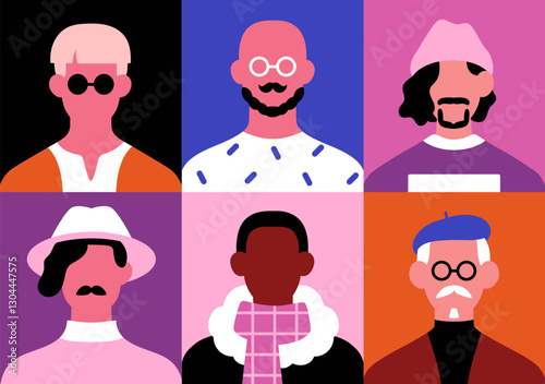 Men avatars set. Diverse creative male characters, faces, head portraits with different hairstyle, hat, beanie, mustache, sunglasses, fashion accessories. Modern style people. Flat vector illustration