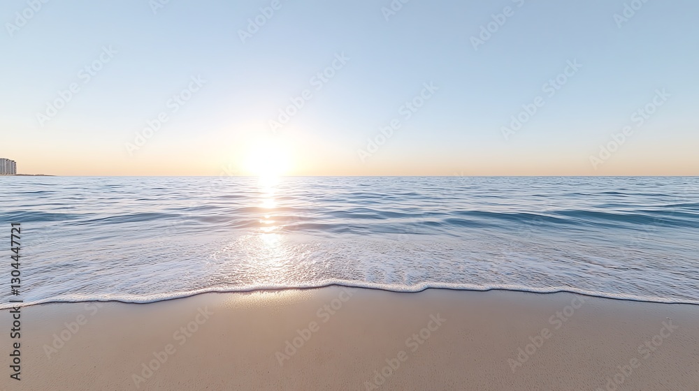 Fototapeta premium Peaceful sunrise over serene ocean waves and sandy beach, capturing natural beauty and tranquility.