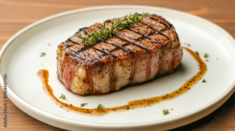 Exquisite Steak on a Plate: A succulent, perfectly grilled steak rests on a pristine plate, artfully adorned with a delicate sauce and sprigs of fresh herbs. Exquisite Steak on a Plate: A succulent, perfectly grilled steak rests on a pristine plate, artfully adorned with a delicate sauce and sprigs of fresh herbs.