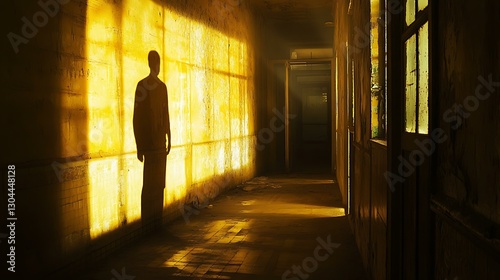 A haunting shadow of a solitary figure standing against eerie golden light seeping through an old, abandoned hallway.