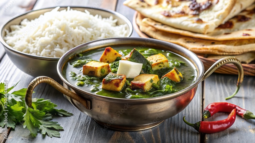 Authentic Indian Palak Paneer with Rice and Naan - Delicious Homemade Meal Authentic Indian Palak Paneer with Rice and Naan - Delicious Homemade Meal