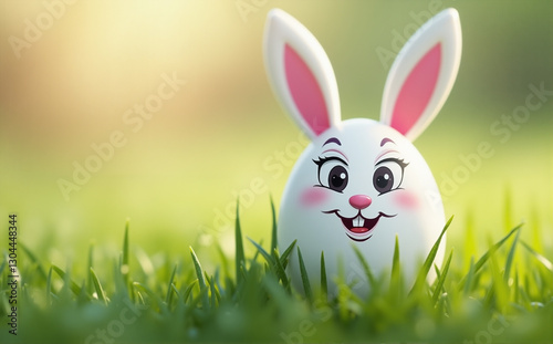 white egg in the grass with cartoon cheeky  face and bunny ears