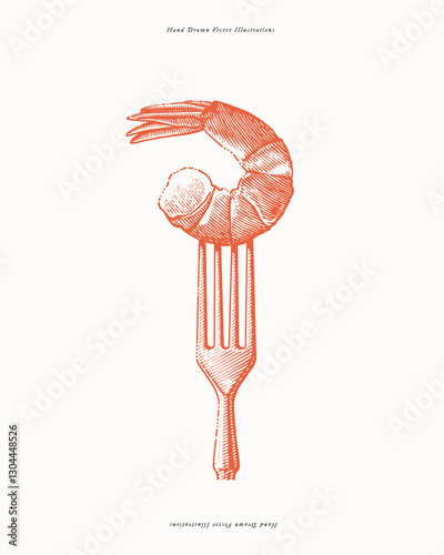 Hand-drawn vintage illustration of a shrimp on a fork in engraving style. Ideal for seafood restaurant branding, culinary packaging, menus, cookbooks, food blogs.