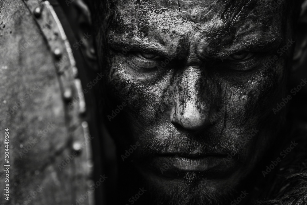 Intense warrior preparation captured during a dramatic reenactment in an ancient setting at dusk Intense warrior preparation captured during a dramatic reenactment in an ancient setting at dusk