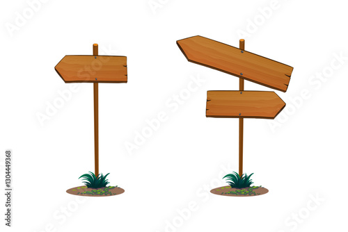 wooden sign post set, realistic blank signboard on the road for pointing direction, 