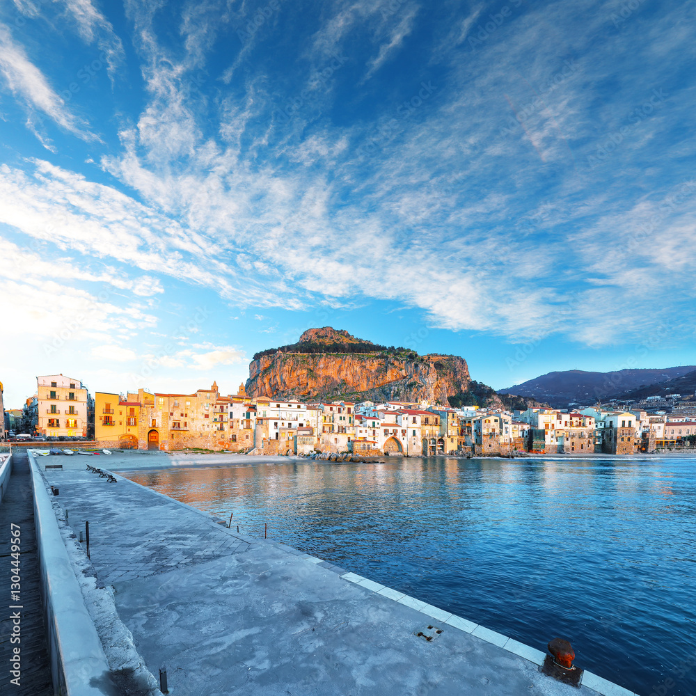 Picturesque evening cityscape of Cefalu city. Popular travel destination of Mediterranean sea.