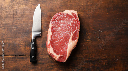 Raw Steak and Knife on Wood...