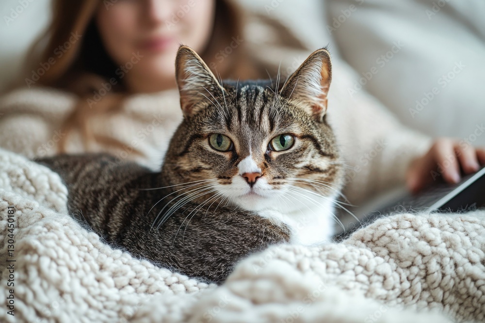 Cozy moments with a cat on a soft blanket during a quiet afternoon at home