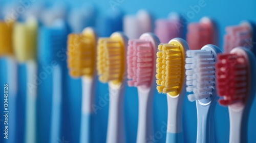 A pristine blue backdrop hosts a meticulously arranged set of toothbrush heads, their bristles gleaming under the soft light, symbolizing the importance of oral hygiene and the vibrant hues of